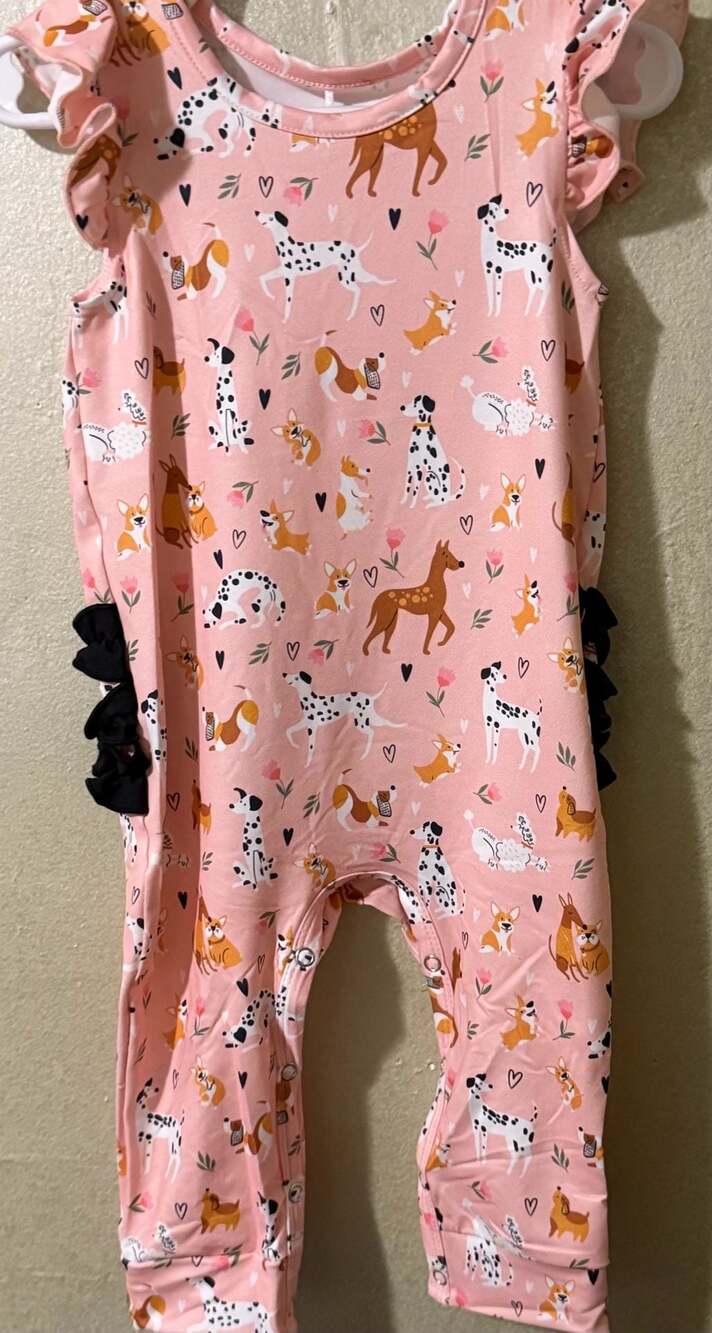 Pete & Lucy Pink Puppy Dog Print Baby Girls Romper with Black Ruffle